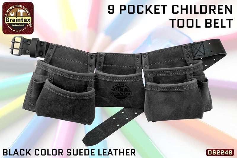 Graintex DS2248 :: 9 Pocket Children Tool Belt Black Color Suede Leather, Kids Real Tool Belt, Boys and Girls Tool Apron for Home Improvement, 1.1/2" Leather Belt, Hammer Loops - Image 2